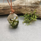 Acorn necklace with real moss, on leather cord